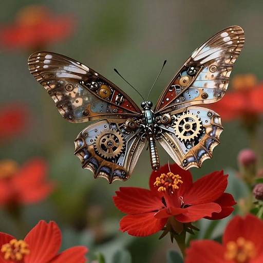 Steampunk Butterfly Among Red Flowers