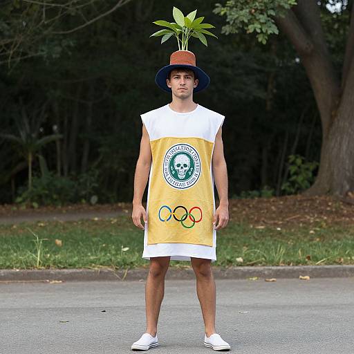 Photograph of a young man in a yellow Olympic shirt with green emblem, white shorts, white sneakers, and a brown hat with green leaves, standing