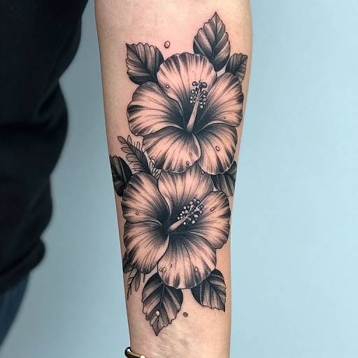 Black and gray tattoo of three detailed hibiscus flowers with droplets, on a forearm. Realistic shading and intricate petal lines. Photograph