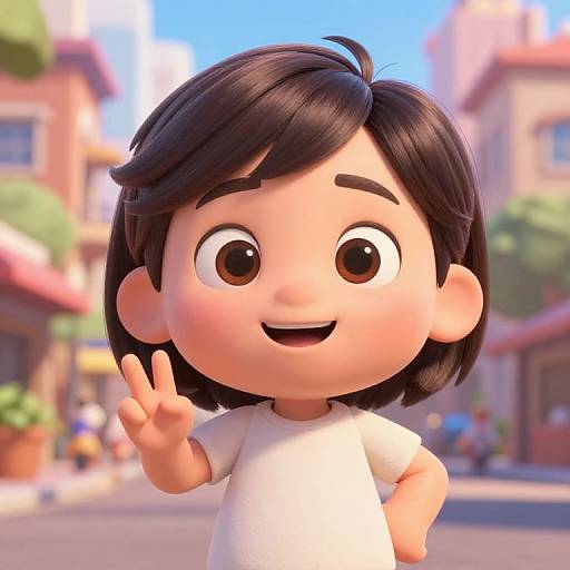 3D cartoon boy with black hair, brown eyes, white shirt, making a peace sign, smiling, in a sunny, colorful street scene.