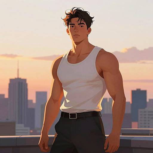 Muscular Man at City Rooftop Sunset