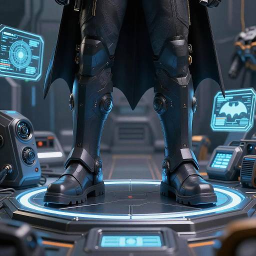 CGI image of a futuristic, armored superhero's legs standing on a glowing blue platform, surrounded by high-tech control panels.