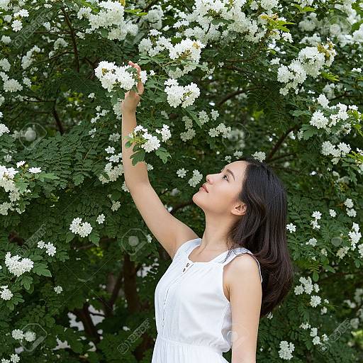 Young Asian woman with long black hair in a white sleeveless dress, reaching up to touch white flowers on a lush green tree. Photograph.