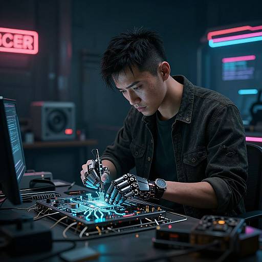 Cyberpunk Engineer Assembling AI Android