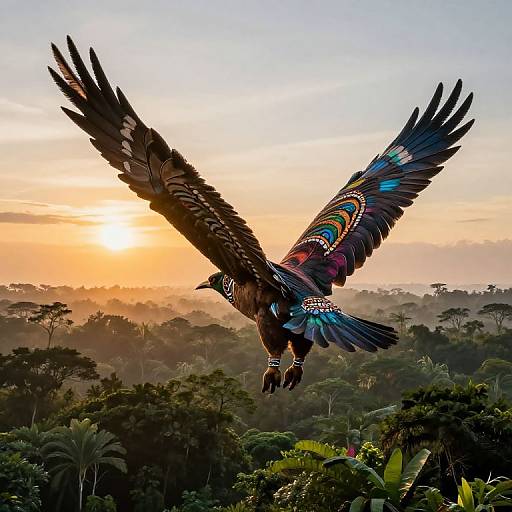 Photograph of a vibrant, multicolored bird with extended wings soaring against a golden sunset over a dense, tropical forest.