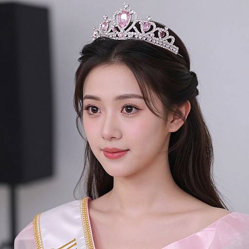 Photograph of an Asian woman with fair skin, wearing a sparkling silver tiara, pink dress with white sash, and soft makeup, against a