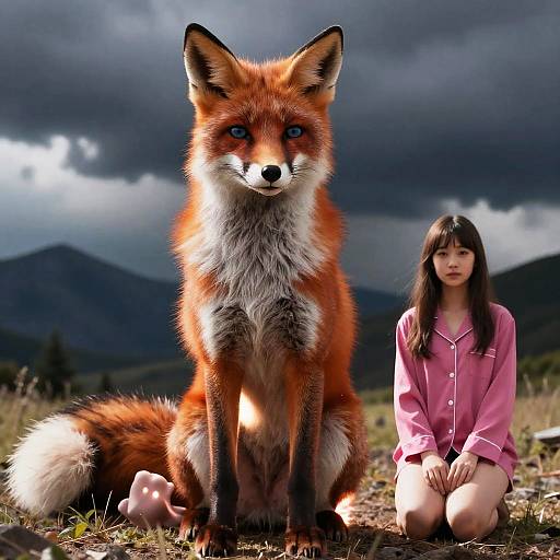 Photograph-style digital art of a large, realistic red fox with bright blue eyes, sitting on grass, beside a young Asian woman in a pink paj
