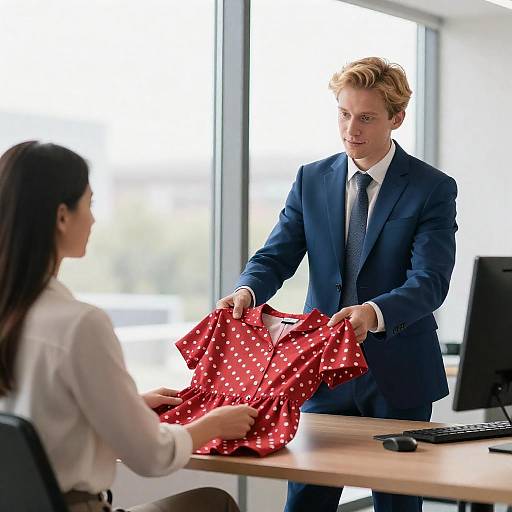 Sunlit Office: Man Handing Polka-Dot Dress