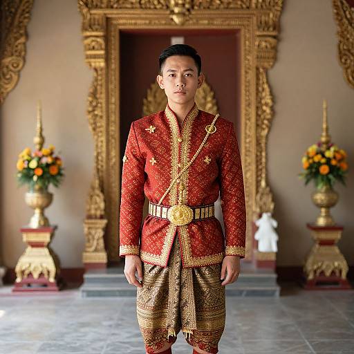 Photograph of an Asian man in ornate red and gold traditional Thai military uniform, standing in a detailed, gold-accented temple-like room with