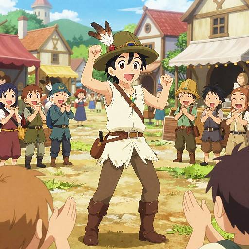 Anime-style drawing of a cheerful, young male adventurer in a fur vest and green hat, performing in a medieval village square. Crowd claps around him