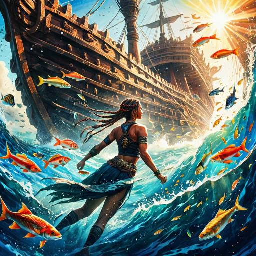 Warrior Swimming Toward Ancient Ship
