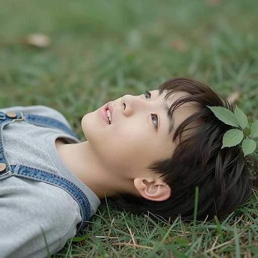 Young Boy Lying on Grass with Leaves