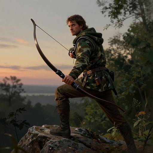 Photograph of a rugged, bearded archer with messy hair, wearing camo jacket and pants, standing on rocky outcrop at sunset, holding