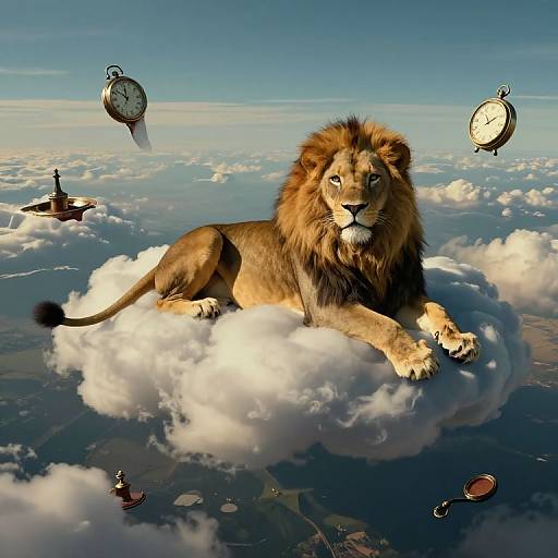 Photorealistic digital artwork of a majestic lion with a golden mane lying on a fluffy cloud, surrounded by floating clocks and ships, against a bright blue