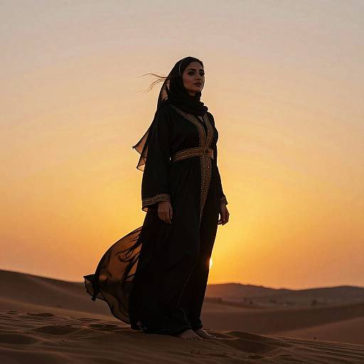 Silhouetted woman in black hijab and traditional dress stands against a vibrant orange sunset in a desert landscape. Photograph.