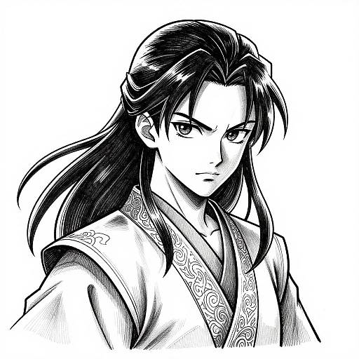 Black and white manga-style drawing of a serious, long-haired man in an ornate kimono with intricate patterns, looking forward.