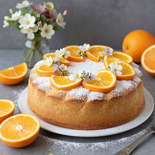 Photograph of a round, golden-brown cake topped with orange slices, white flowers, and powdered sugar, surrounded by whole and halved oranges,