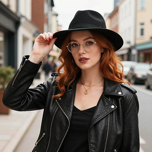 Redhead Woman in Black Leather Jacket and Hat
