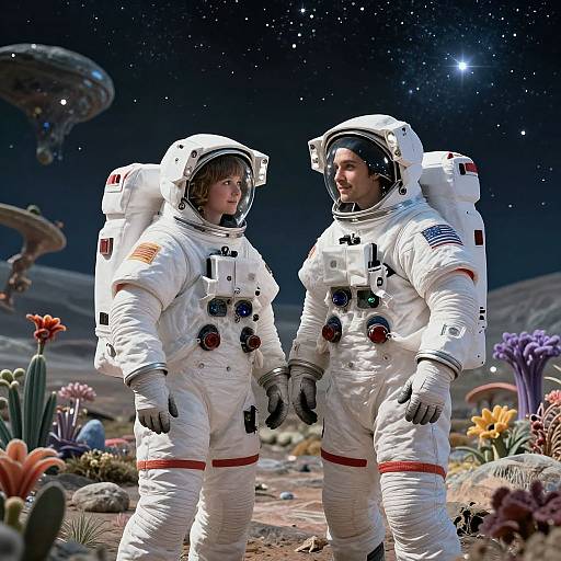 Photorealistic CGI of two astronauts in white spacesuits holding hands on a colorful, alien planet with a UFO in the starry night sky.