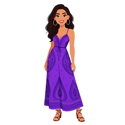 Digital illustration of a smiling woman with long black hair, wearing a purple, paisley-patterned, sleeveless dress, and brown sandals, standing against