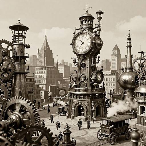 Steampunk cityscape featuring intricate clock towers, gears, and industrial buildings with people and carriages, in sepia-toned photograph.