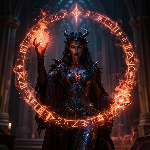 Digital artwork of a dark, horned sorceress in black armor, casting an orange, glowing, magical circle with runes in a gothic cathedral