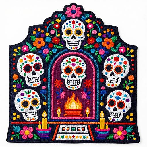 Mexican Embroidered Nicho Shrine with Sugar Skulls