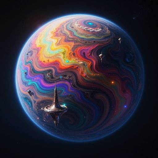 Digital artwork of a vibrant, swirling planet with colorful, cosmic waves and a small, dark sailboat-like spacecraft floating nearby in space.