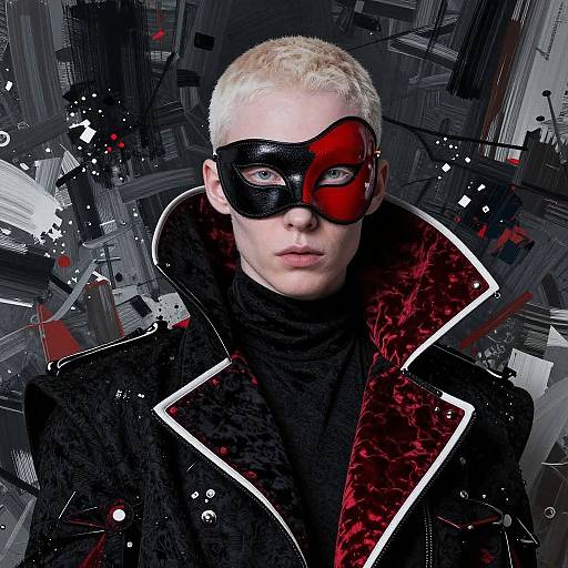 Photograph of a pale-skinned man with short blonde hair, wearing a black and red half-mask, black coat with red velvet lining, against a
