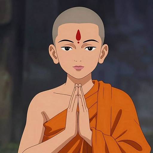 Digital illustration of a young Buddhist monk with a shaved head, orange robe, and red forehead mark, hands in prayer pose, against a dark, blurry