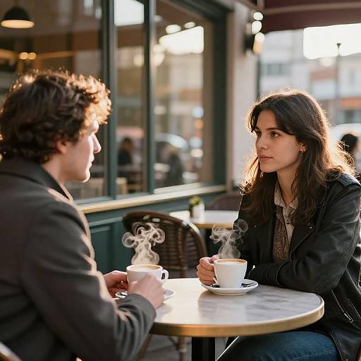 Photograph of a young couple sitting at a marble cafe table, sipping steaming coffee, with sunlight illuminating their focused expressions.