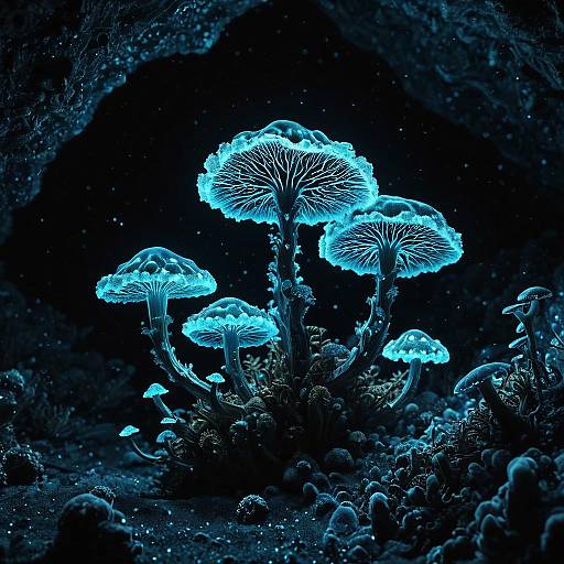 Bioluminescent Fungi in Deep Ocean Cavern