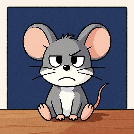 Cartoon-style gray mouse with large ears, pink inner ears, white chest, and an annoyed expression, sitting on a wooden surface against a dark blue