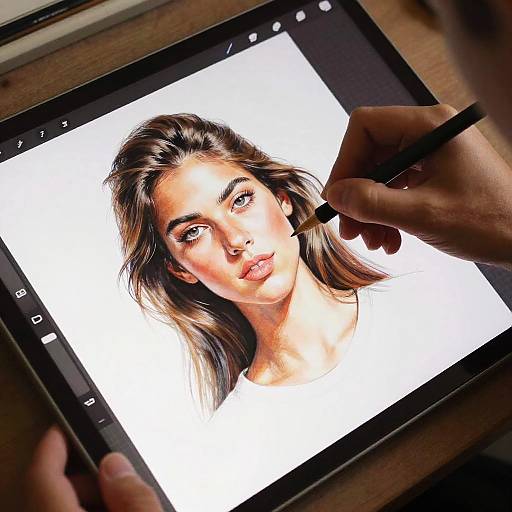 Photograph of a hand using a digital tablet to draw a realistic portrait of a young woman with long brown hair and brown eyes, set against a white