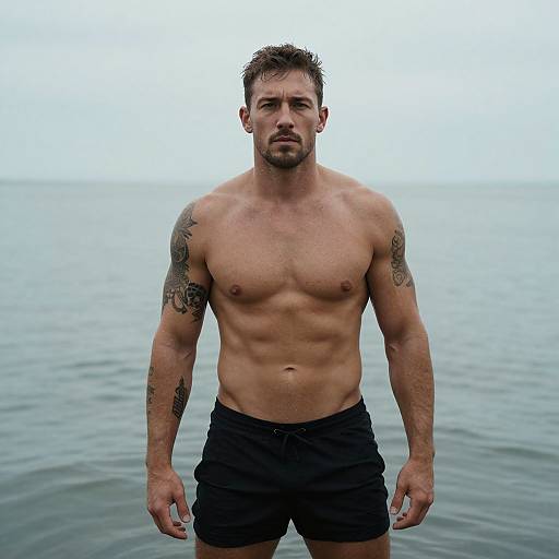 Photograph of a muscular, shirtless, tattooed man with short brown hair, black swim trunks, standing in calm ocean water, under an