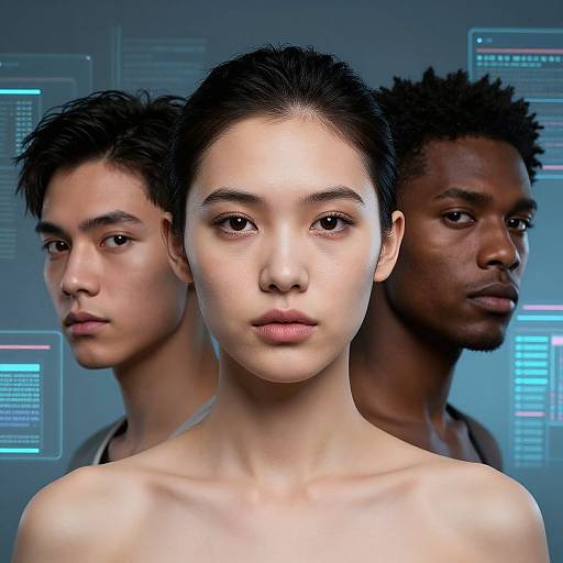 Photograph of three diverse young adults with serious expressions, centered on an Asian woman with fair skin, black hair, and bare shoulders, flanked by