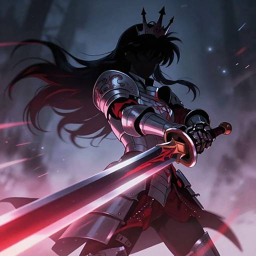 Digital anime-style illustration of a silhouetted female knight with long hair, crown, and glowing red sword, in dark, misty forest.