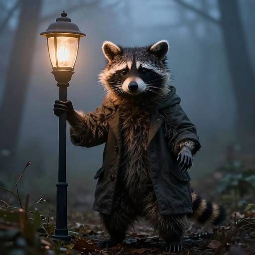 Digital artwork of a raccoon in a dark coat holding a glowing street lamp in a foggy forest at night.
