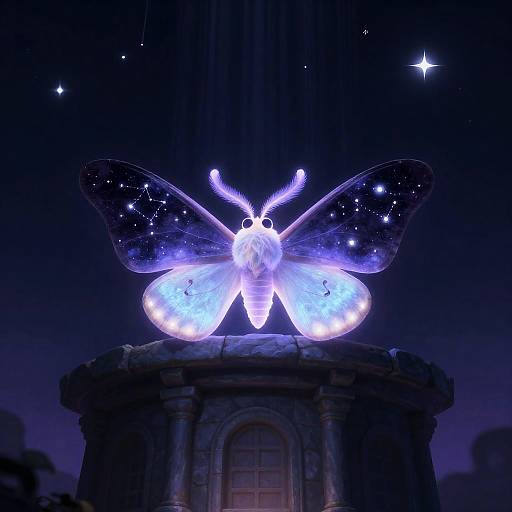 Luminous Moth Guardian on Ancient Observatory