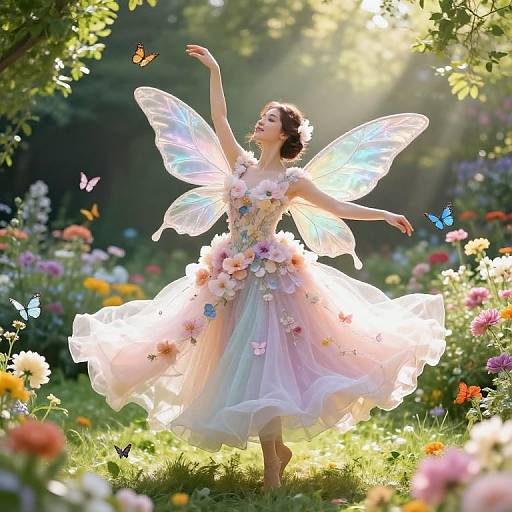 Photograph-style digital art of a fairy with translucent wings, wearing a floral dress, dancing in a sunlit, colorful garden with butterflies.