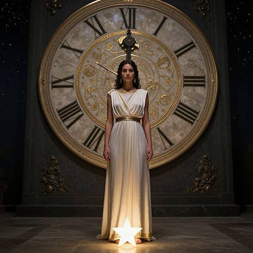 Model in white, sleeveless, floor-length gown stands before large, ornate clock face with Roman numerals, illuminated by spotlight. Dark, elegant