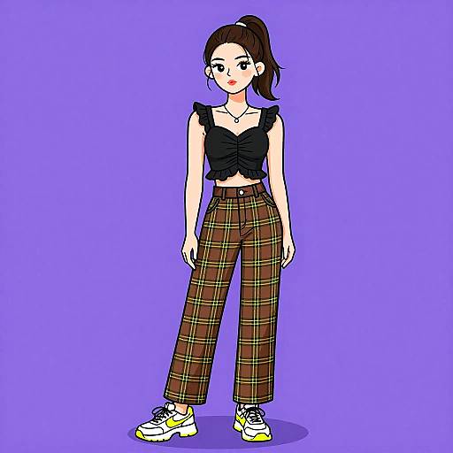 Digital illustration of a young woman with a high ponytail, wearing a black ruffled top, plaid high-waisted pants, and yellow sneakers