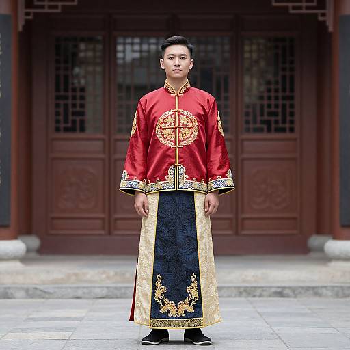 Photograph of an Asian man in traditional Chinese imperial attire, red satin robe with gold embroidery, black and gold-trimmed pants, standing in front
