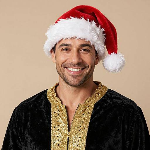 Smiling Man in Santa Hat and Velvet Robe