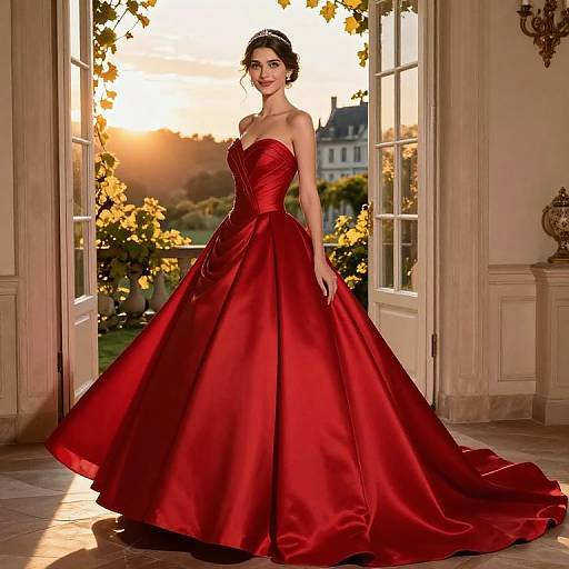 Photograph of a smiling woman in a strapless, vibrant red satin gown with a full skirt, standing in an elegant room with open doors, sunlight