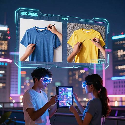 Photograph of two young people in VR headsets, comparing virtual blue and yellow shirts in a neon-lit cityscape.