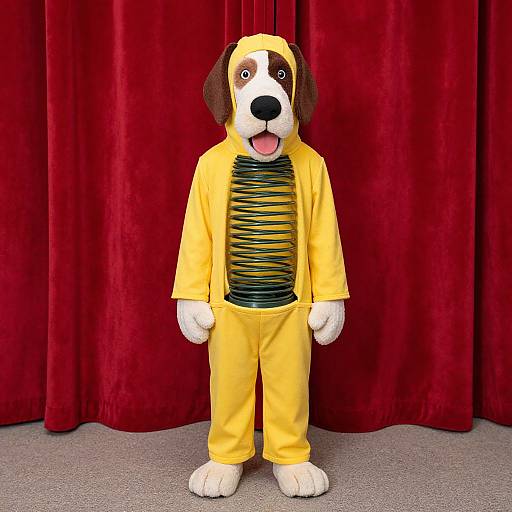 Photograph of a person in a yellow dog costume with a black-striped chest, standing against a red velvet curtain.