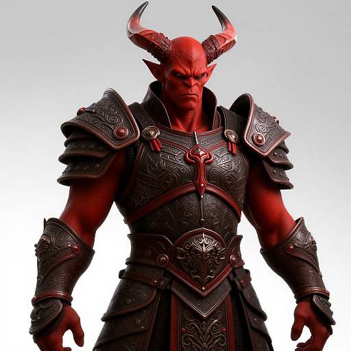 CGI image of a muscular, red-skinned demon with large horns, wearing intricately detailed, dark armor with red accents, standing against a white