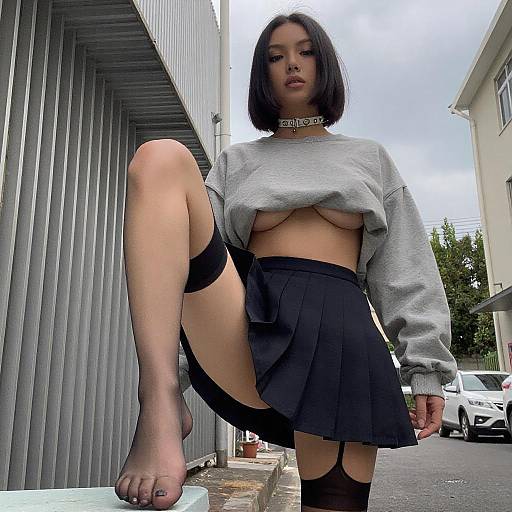 Photograph of a young woman with black bob haircut, gray crop sweater, black pleated skirt, and thigh-high stockings, raising her leg outdoors by