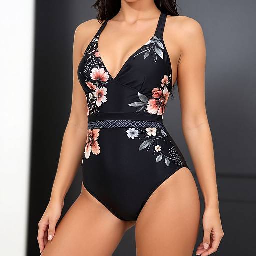 Photograph of a woman wearing a black floral one-piece swimsuit with a deep V-neck, against a dark gray background.